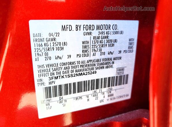 3FMTK1SS2NMA25249 2022 FORD MUSTANG Red Vista de la etiqueta del VIN