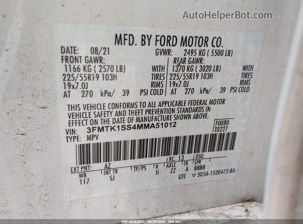 3FMTK1SS4MMA51012 2021 FORD MUSTANG MACH-E Белый Вид подкапотного пространства