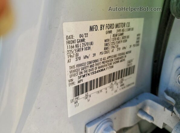 3FMTK1SS4NMA11708 2022 FORD MUSTANG White Vista del compartimento del motor