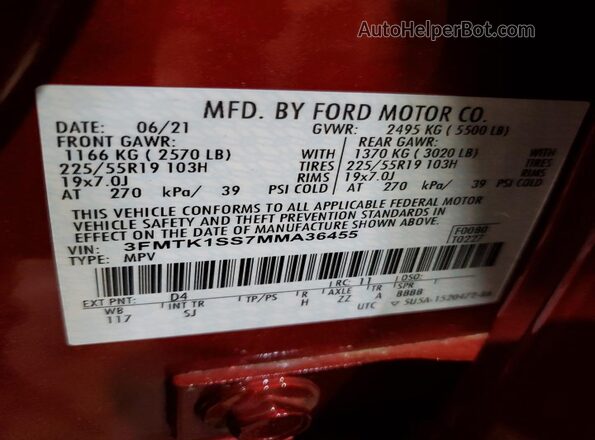 3FMTK1SS7MMA36455 2021 FORD MUSTANG Red Vista de la etiqueta del VIN