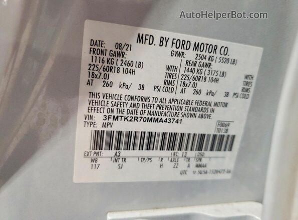3FMTK2R70MMA43741 2021 FORD MUSTANG White 