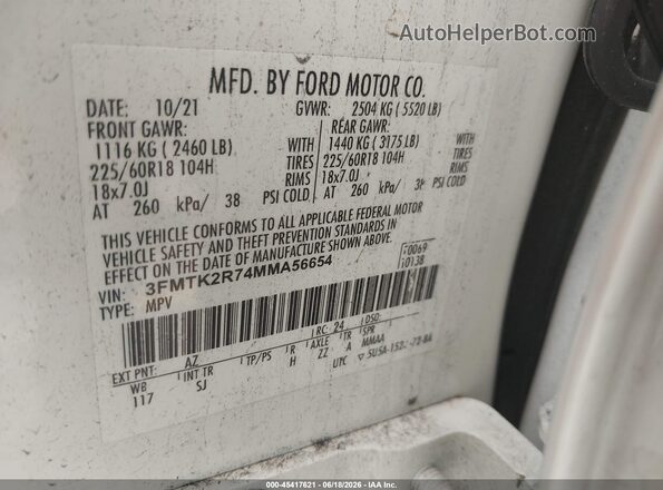 3FMTK2R74MMA56654 2021 FORD MUSTANG MACH-E Белый Вид подкапотного пространства