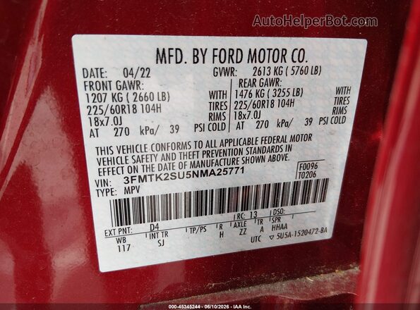3FMTK2SU5NMA25771 2022 FORD MUSTANG MACH-E Red Vista del compartimento del motor