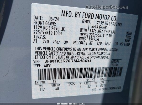 3FMTK3R70RMA10493 2024 FORD MUSTANG MACH-E Light Blue ძრავის განყოფილების ხედი