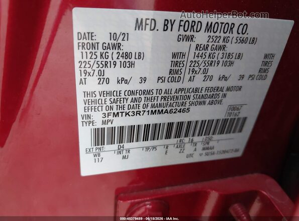 3FMTK3R71MMA62465 2021 FORD MUSTANG MACH-E Burgundy Շարժիչի բաժամունքի տեսք