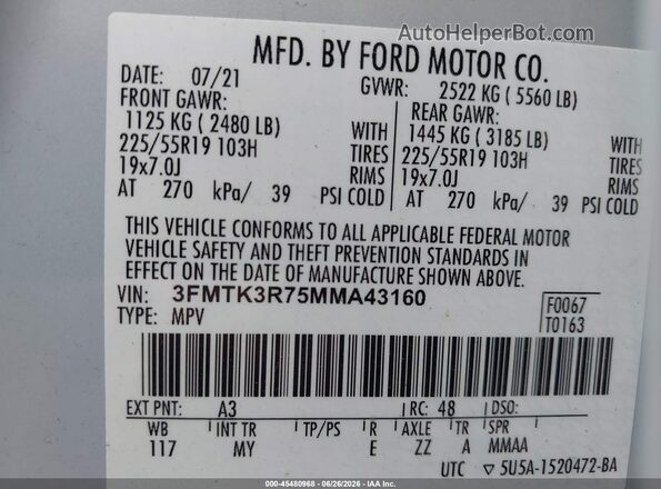 3FMTK3R75MMA43160 2021 FORD MUSTANG MACH-E White VIN sticker view