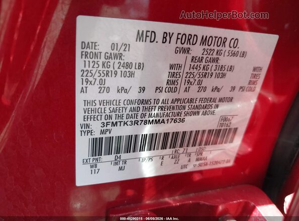 3FMTK3R78MMA17636 2021 FORD MUSTANG MACH-E Red ძრავის განყოფილების ხედი