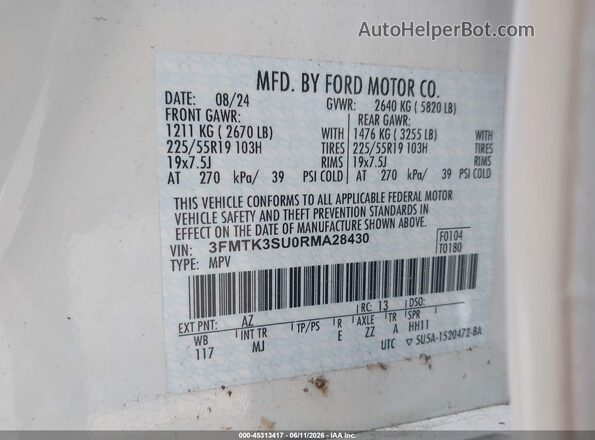 3FMTK3SU0RMA28430 2024 FORD MUSTANG MACH-E White ძრავის განყოფილების ხედი