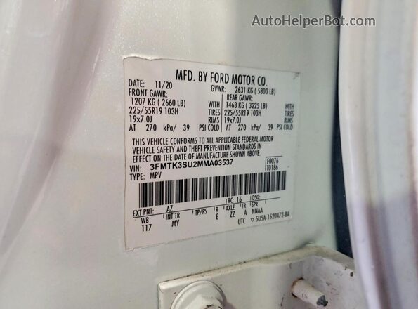 3FMTK3SU2MMA03537 2021 FORD MUSTANG White 