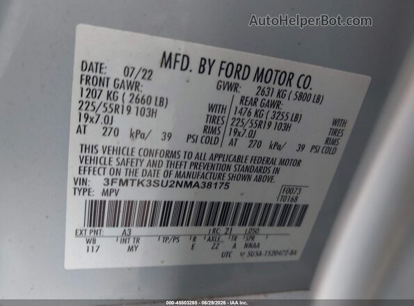 3FMTK3SU2NMA38175 2022 FORD MUSTANG MACH-E Белый Вид подкапотного пространства