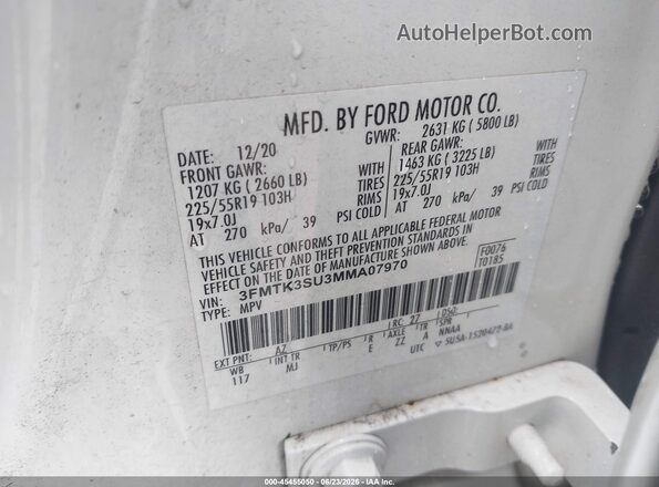 3FMTK3SU3MMA07970 2021 FORD MUSTANG MACH-E White ძრავის განყოფილების ხედი