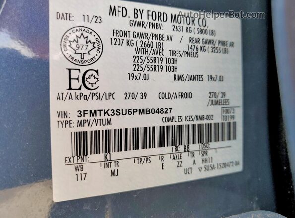 3FMTK3SU6PMB04827 2023 FORD MUSTANG Blue VIN კოდის სტიკერის ხედი