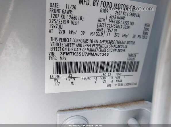 3FMTK3SU7MMA01346 2021 FORD MUSTANG MACH-E White Widok komory silnika