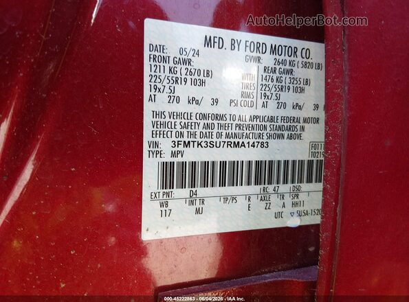 3FMTK3SU7RMA14783 2024 FORD MUSTANG MACH-E Red Շարժիչի բաժամունքի տեսք