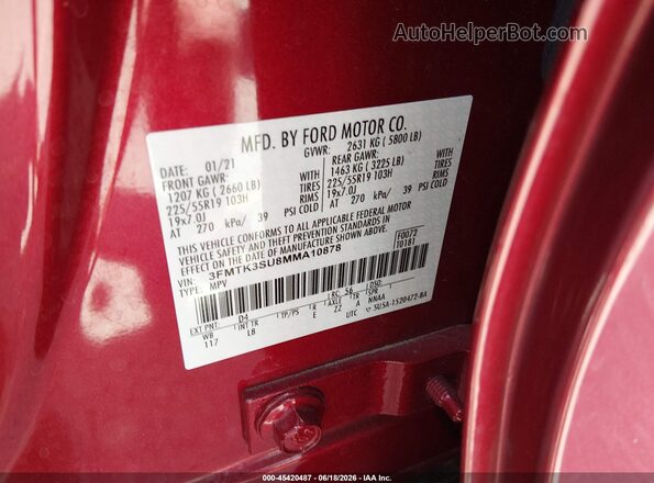 3FMTK3SU8MMA10878 2021 FORD MUSTANG MACH-E Red Widok komory silnika