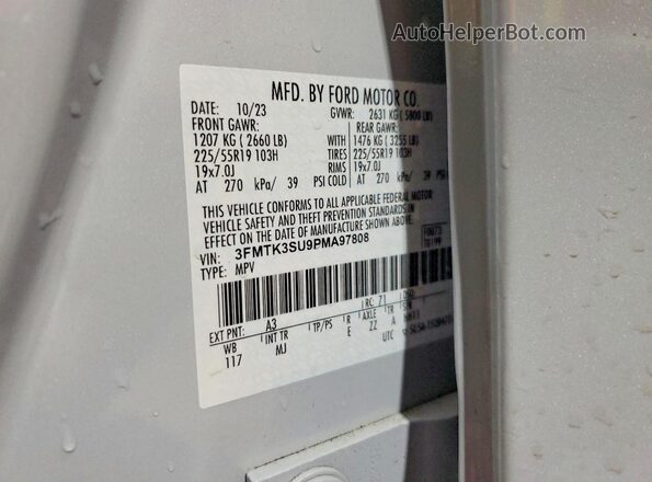 3FMTK3SU9PMA97808 2023 FORD MUSTANG White Вид наклейки з VIN-кодом