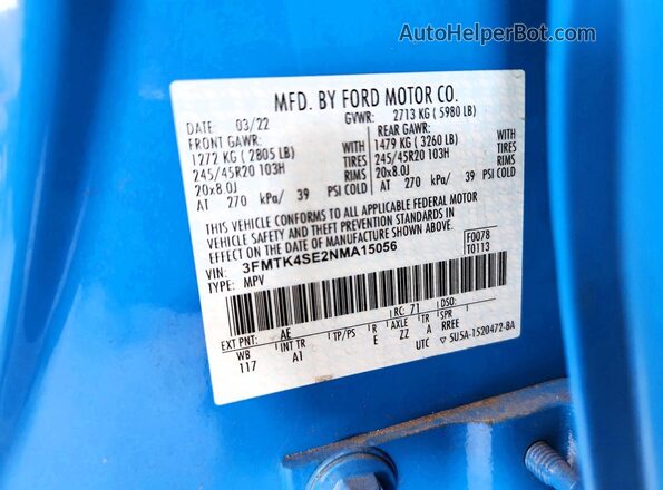 3FMTK4SE2NMA15056 2022 FORD MUSTANG Blue 