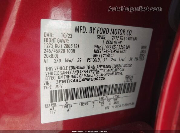 3FMTK4SE4PMB00225 2023 FORD MUSTANG MACH-E Red ძრავის განყოფილების ხედი