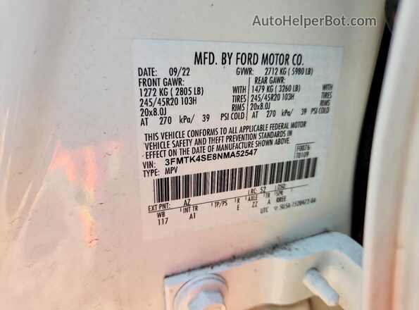 3FMTK4SE8NMA52547 2022 FORD MUSTANG White Vista del compartimento del motor