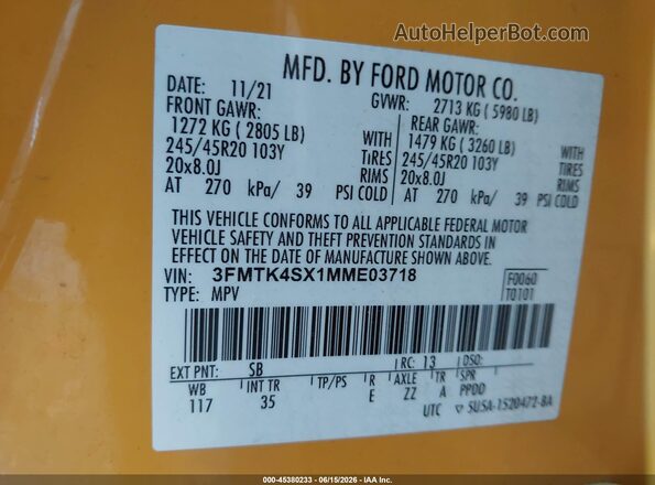 3FMTK4SX1MME03718 2021 FORD MUSTANG MACH-E Yellow Widok komory silnika
