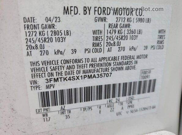 3FMTK4SX1PMA35707 2023 FORD MUSTANG White VIN sticker view