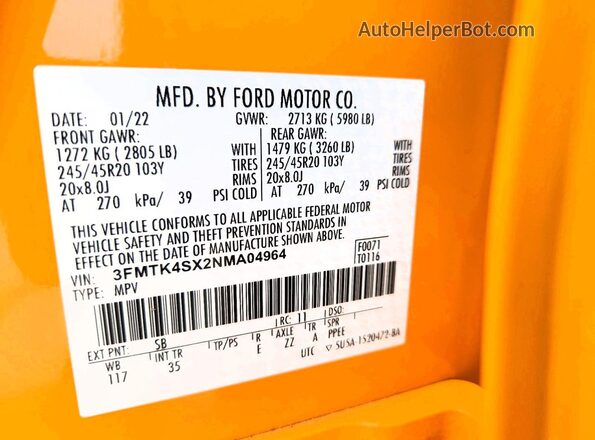 3FMTK4SX2NMA04964 2022 FORD MUSTANG Gold Widok naklejki z numerem VIN