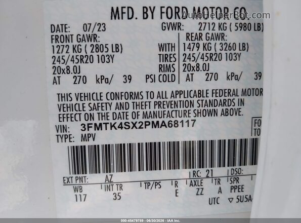 3FMTK4SX2PMA68117 2023 FORD MUSTANG MACH-E White ძრავის განყოფილების ხედი