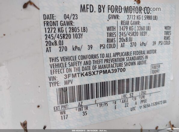 3FMTK4SX7PMA39700 2023 FORD MUSTANG MACH-E White Widok komory silnika