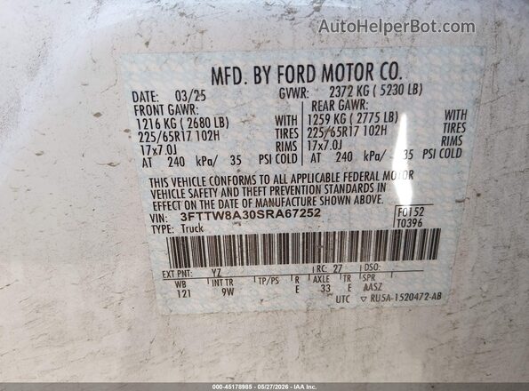3FTTW8A30SRA67252 2025 FORD MAVERICK White 
