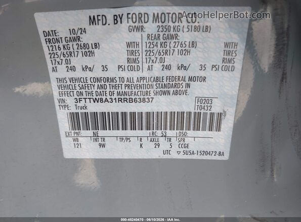 3FTTW8A31RRB63837 2024 FORD MAVERICK Gray Vista del compartimento del motor