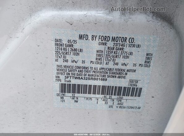 3FTTW8A32SRB01689 2025 FORD MAVERICK White Widok komory silnika
