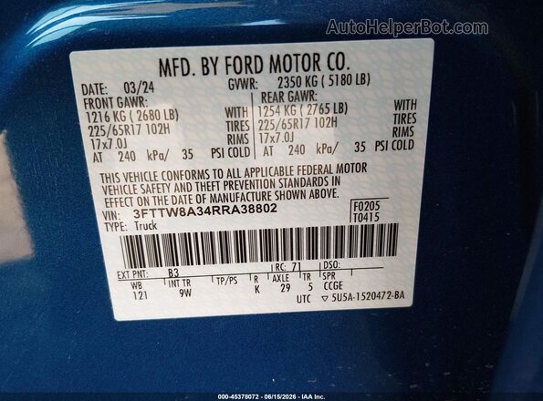 3FTTW8A34RRA38802 2024 FORD MAVERICK Синий Вид подкапотного пространства