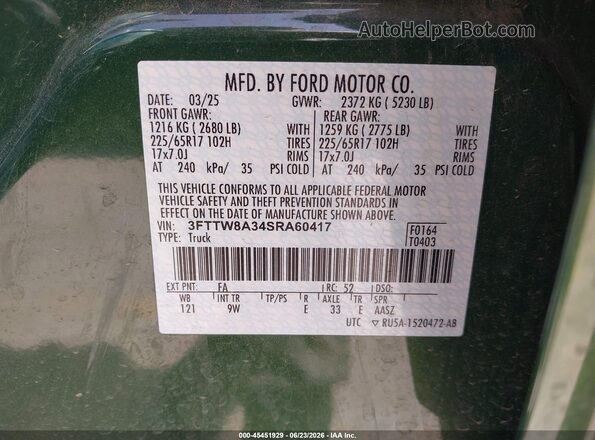 3FTTW8A34SRA60417 2025 FORD MAVERICK Green Vista del compartimento del motor