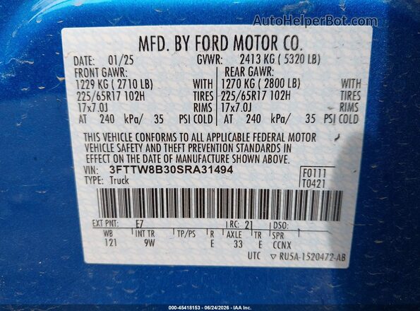 3FTTW8B30SRA31494 2025 FORD MAVERICK Blue Շարժիչի բաժամունքի տեսք