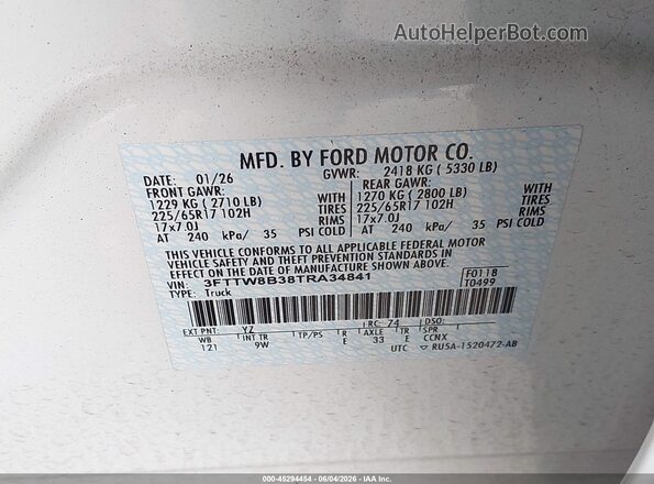 3FTTW8B38TRA34841 2026 FORD MAVERICK White Вид підкапотного простору