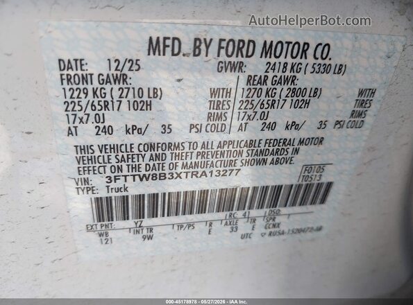 3FTTW8B3XTRA13277 2026 FORD MAVERICK White Շարժիչի բաժամունքի տեսք