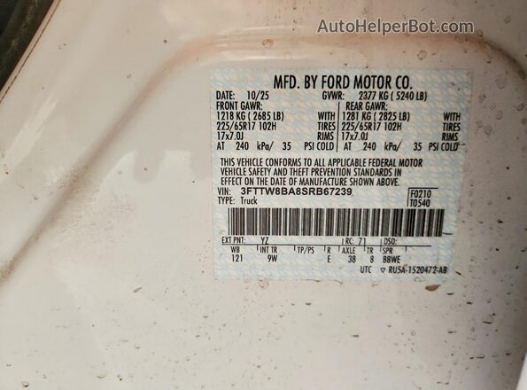 3FTTW8BA8SRB67239 2025 FORD MAVERICK White VIN კოდის სტიკერის ხედი