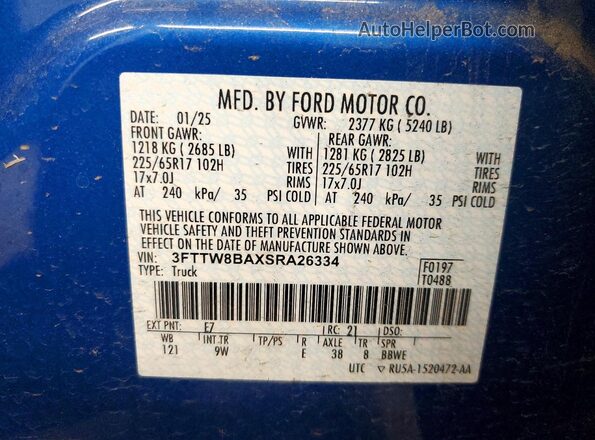 3FTTW8BAXSRA26334 2025 FORD MAVERICK Blue Engine compartment view