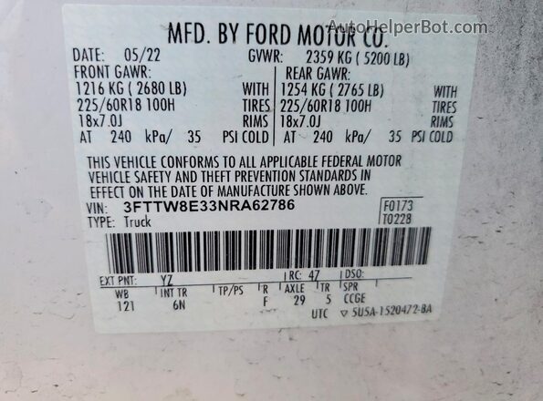 3FTTW8E33NRA62786 2022 FORD MAVERICK White 