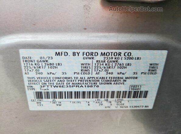 3FTTW8E35PRA19876 2023 FORD MAVERICK Silver Widok naklejki z numerem VIN