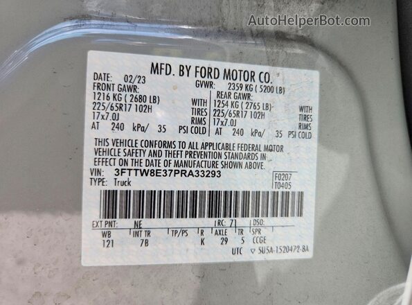 3FTTW8E37PRA33293 2023 FORD MAVERICK Gray Vista de la etiqueta del VIN