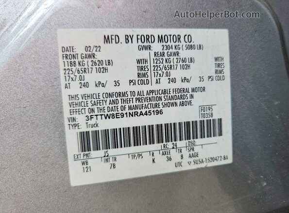 3FTTW8E91NRA45196 2022 FORD MAVERICK Серебряный Вид подкапотного пространства