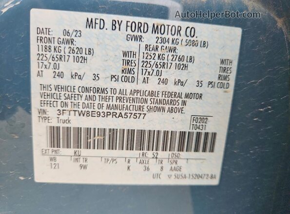 3FTTW8E93PRA57577 2023 FORD MAVERICK Blue Vista del compartimento del motor