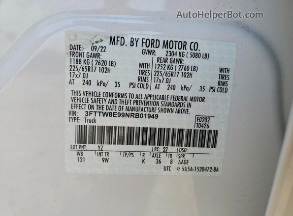 3FTTW8E99NRB01949 2022 FORD MAVERICK Белый Вид подкапотного пространства