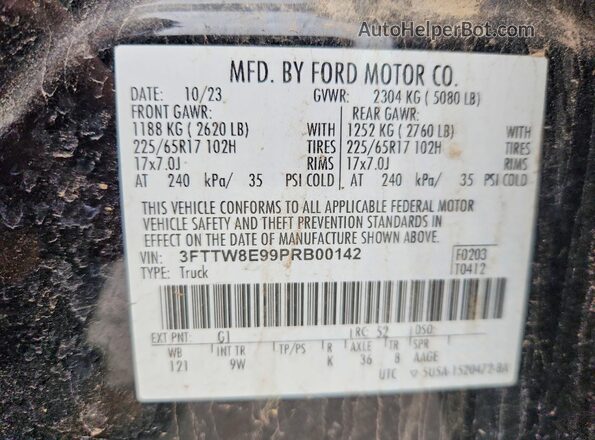 3FTTW8E99PRB00142 2023 FORD MAVERICK Black VIN კოდის სტიკერის ხედი
