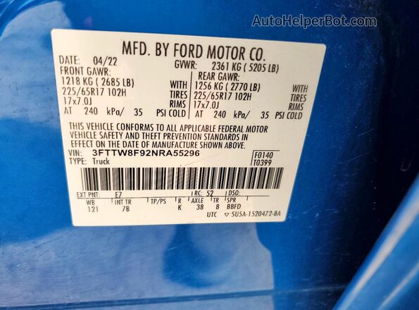 3FTTW8F92NRA55296 2022 FORD MAVERICK Blue Widok komory silnika