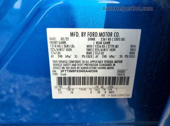 3FTTW8F93NRA40306 2022 FORD MAVERICK Blue VIN კოდის სტიკერის ხედი