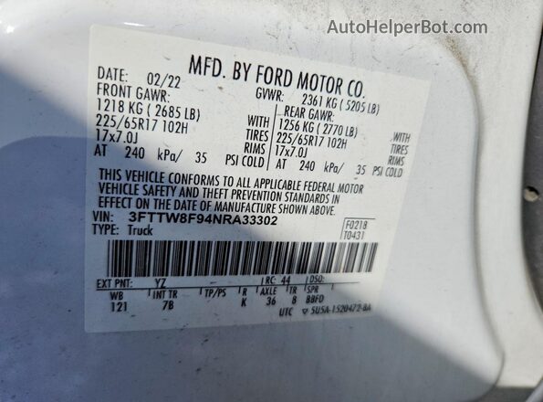 3FTTW8F94NRA33302 2022 FORD MAVERICK White Vista del compartimento del motor