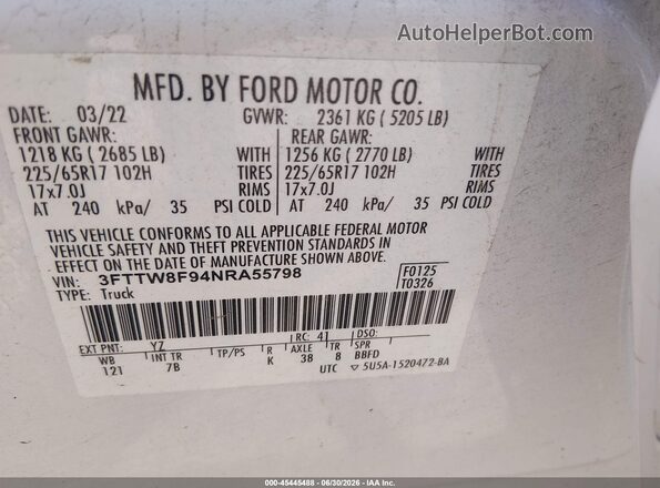 3FTTW8F94NRA55798 2022 FORD MAVERICK White Widok komory silnika