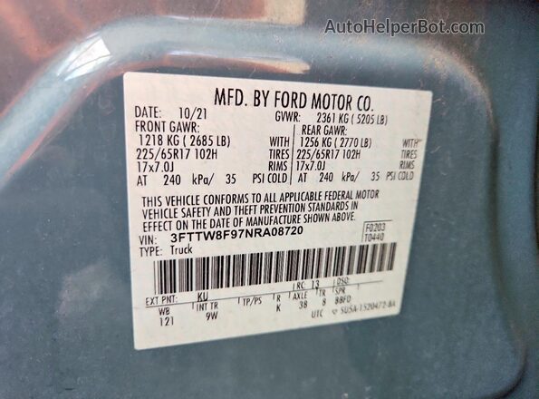 3FTTW8F97NRA08720 2022 FORD MAVERICK Blue Շարժիչի բաժամունքի տեսք